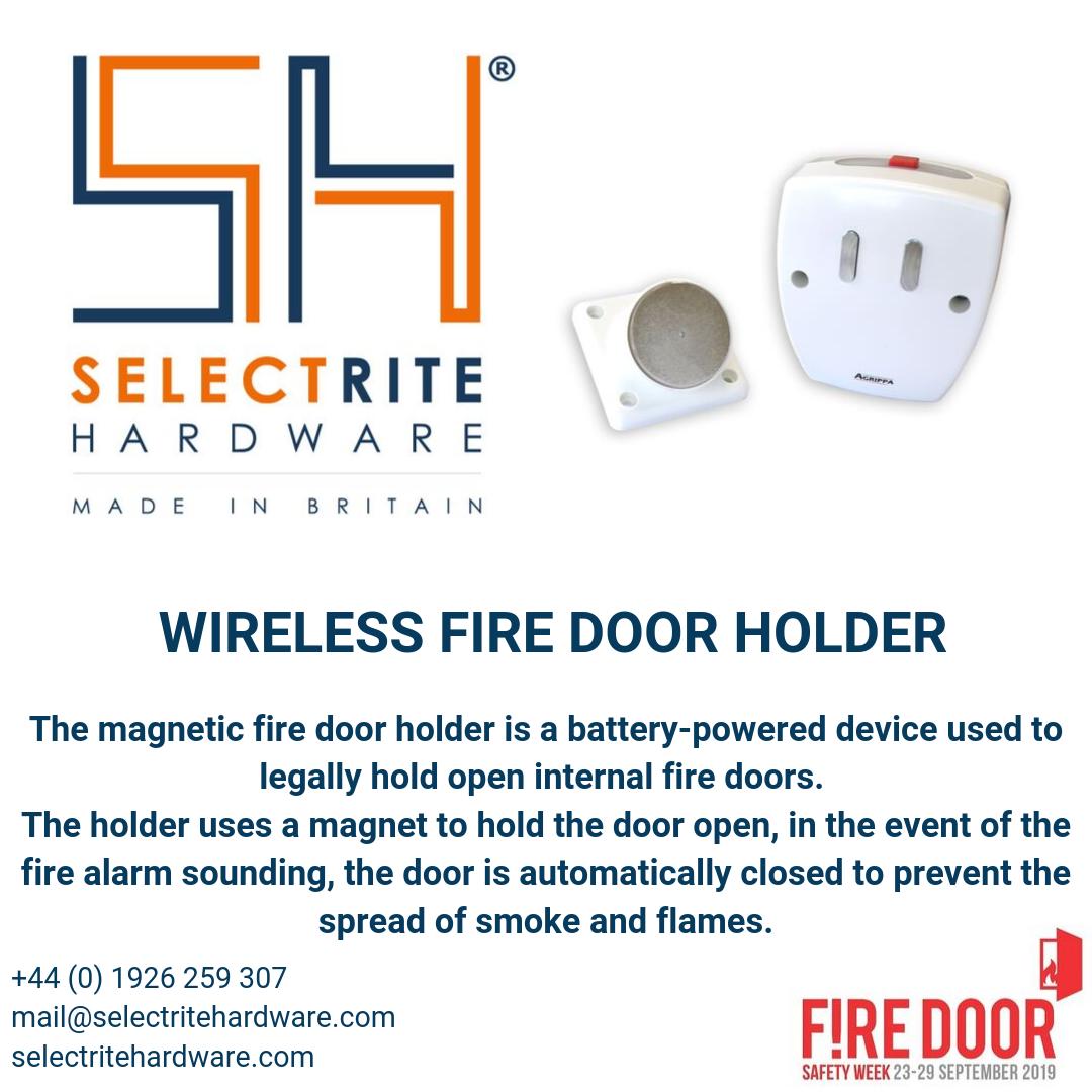 Selectrite's tweet image. We stock a fire door holder used to legally hold open internal fire doors. 

A magnet is used to hold the door open to ease access during the day, in the event of a fire alarm sounding, the door is automatically closed to prevent the spread of smoke &amp;amp; flames. #FireDoorSafetyWeek