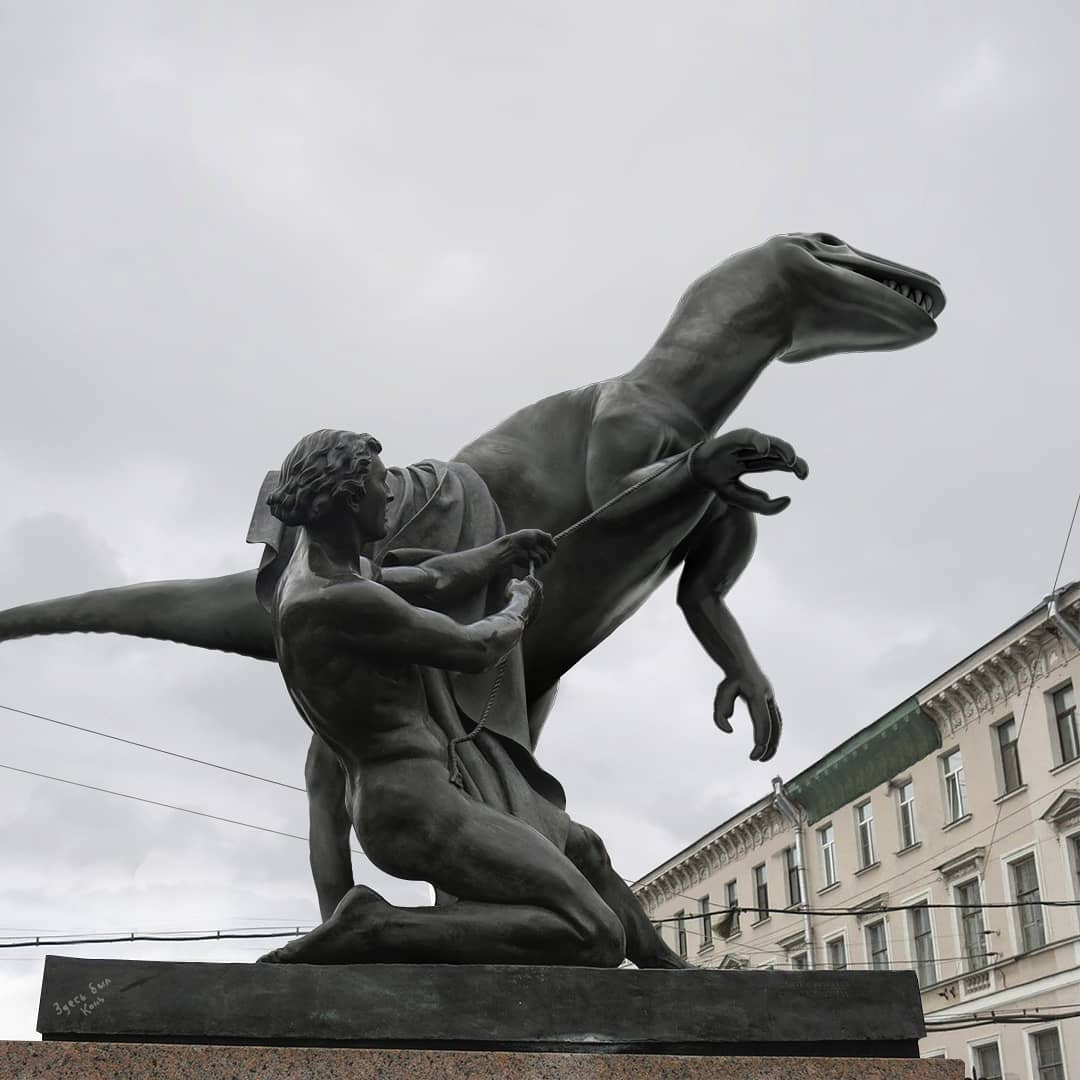 Wild_SPb's tweet photo. Петербургский дизайнер Вадим Соловьёв представил своё видение Аничкового моста, заменив одного из знаменитых коней на динозавра.
Оригинально) https://t.co/OtppvNQwps