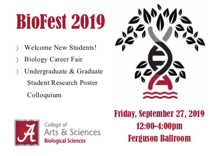 AlabamaGenetics's tweet photo. Come check out #biofest this Friday! There will be lots of STEM organizations there, as well as student research presentations! Don’t miss out on seeing the next generation of scientists!
.
.
.
.
.
#ua #universityofalabama #science #genes #dna #research #biology #student https://t.co/G9K2PibwBx