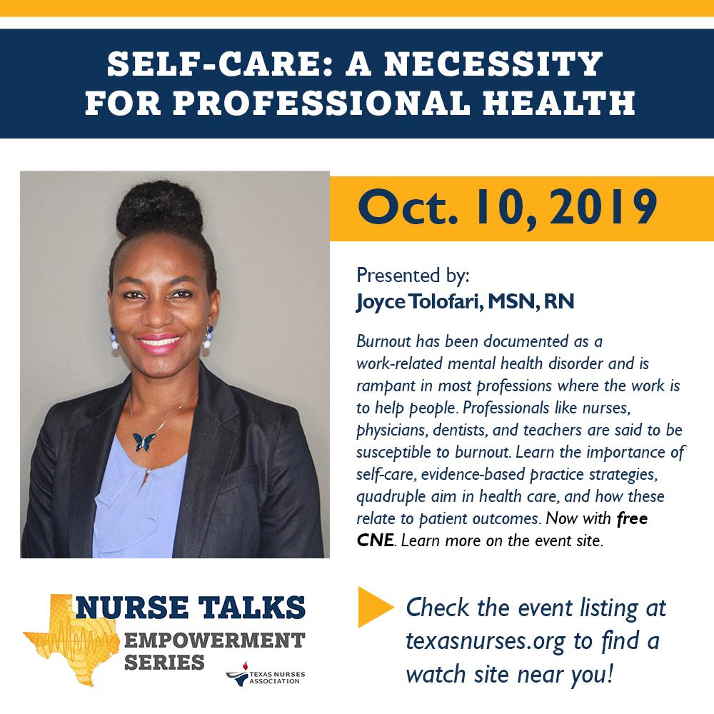 TexasNursesAssn's tweet photo. Nurse are very susceptible to burnout. Our next #NurseTalks Oct. 10 will focus on "self-care" and best-practices. Participants are eligible for #FreeCNE https://t.co/eE9SHyniNH https://t.co/GO3uZarX2W
