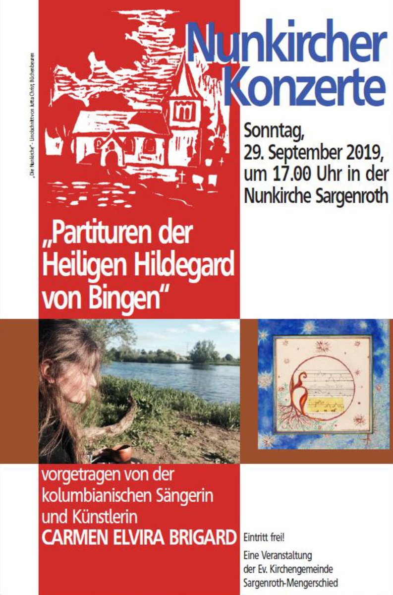 Hispanovision's tweet photo. Concierto de Carmen Elvira Brigard con composiciones sacras de #HildegardadeBingen el 29 de septiembre de 2019 en la Parroquia Evangélica de “#Nunkirche” en #Sargenroth, #RheinlandPfalz https://t.co/6iEKcfHFKy https://t.co/vzLIjDSZKT