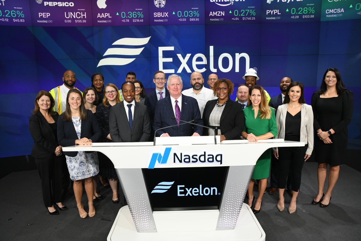 Exelon's tweet photo. Today marks our new journey with @Nasdaq and an alignment with the world's most innovative leaders and companies powering our future. #Exelon #PowerForward #RewriteTomorrow https://t.co/KHfWAfA5nZ