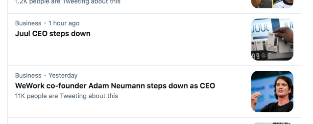 BTrautschold's tweet image. Man, who could have parlayed these CEOs would be stepping down within hours of one another, much less with 18 months of these announcements 

Juul raised $1.2B in June '18
WeWork raised $3B in November '18