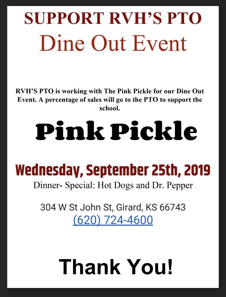 Need dinner plans? Go dine at the Pink Pickle tonight for our September Dine Out event! 💕 #248rvh #girardkansas #rvhpto