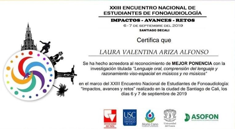 DecanaturaFM's tweet photo. Felicitamos a nuestra estudiante Laura Valentina Ariza @Laurariza00 del programa de Fonoaudiología por su reconocimiento como MEJOR PONENCIA con su trabajo de investigación en el marco del XXIII Encuentro Nacional de Estudiantes de Fonoaudiología. @OrgulloUN @MedicinaUNAL @VRI_UN https://t.co/2z98y82Pdg