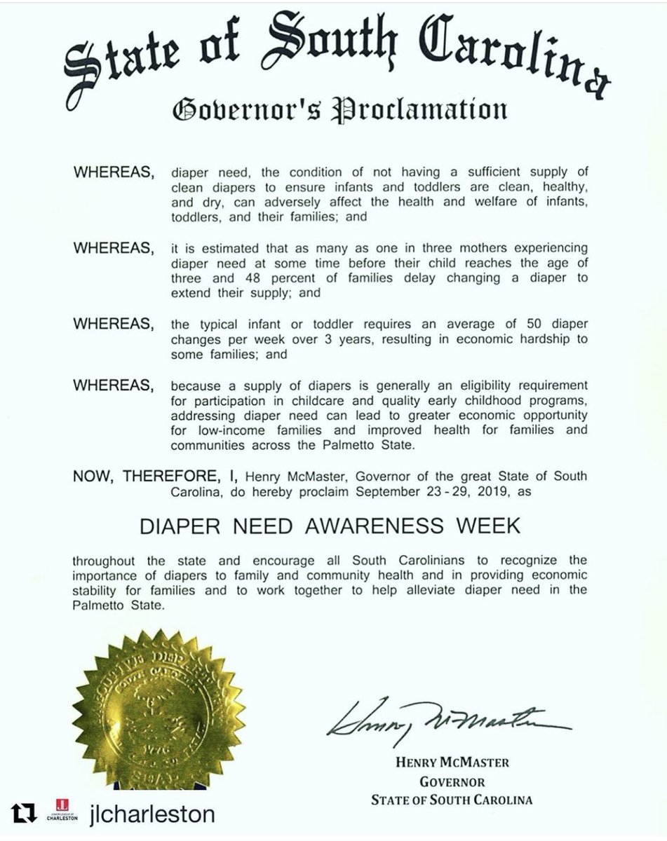 <a href="/HenryMcMaster/">Gov. Henry McMaster</a> wants to keep babies healthy in SouthCarolina!Thank you Governor,<a href="/TreyWalker/">Trey Walker 🇺🇸</a> &amp; all of your team for recognizing #DiaperNeedAwareness week! 1 in 3 families can’t afford enough diapers.Support your local diaper bank like <a href="/JuniorLeagueCHS/">Junior League CHS</a>. #EndDiaperNeed