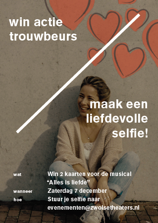 EventsZT's tweet image. #WINACTIE A.s. zondag is er een #trouwbeurs in Theater de Spiegel @Zwolle Doe mee met onze #winactie Kom proeftrouwen in de grote zaal, maak een selfie van je eigen trouwceremonie en win 2 kaarten voor de #musical Alles is Liefde Er zijn nog kaarten! bit.ly/2mBHxPi