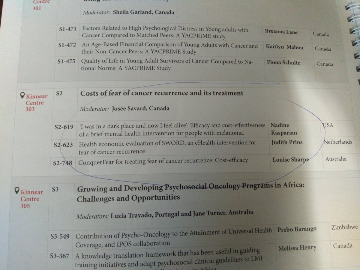 Ever wonder if psychosocial interventions are cost effective or how to 'sell' them to decision-makers? Come to our #FCR #FearofCancerRecurrence symposium today at 9:45 to find out more. Dream research team <a href="/NKasparian/">Dr. Nadine Kasparian</a> Judith prins <a href="/LSharpeUSYD/">Louise Sharpe</a> <a href="/Joseesavard/">Josée Savard</a>