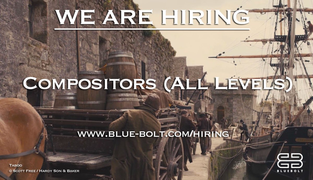 BlueBolt is crewing up! We are hiring compositors of all levels to join us on our new and exciting #VFX projects. Please visit blue-bolt.com/hiring for more info on these roles and to apply.