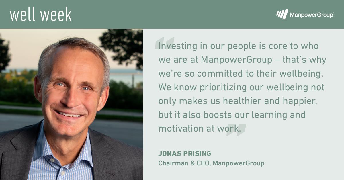 ManpowerGroup's tweet photo. .@JonasPrising on why @ManpowerGroup is celebrating a week dedicated to wellbeing: it makes us healthier and happier! #WellWeek #employeewellbeing https://t.co/g0qLX2l6Cr