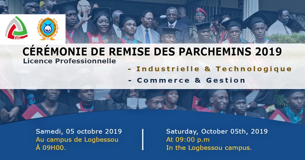 iucdouala's tweet photo. En prélude à la cérémonie de remise des parchemins prévue le 05 octobre 2019, tous les étudiants de licence professionnelles #ICIA et #ISTDI sont invités à confirmer leurs présences via le lien : https://t.co/fw0zDwGfiZ

#IUC #Graduationceremony2019 #licence2019 https://t.co/iJfz5Ozxrs