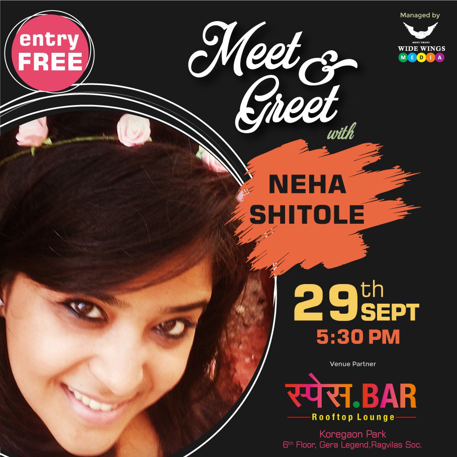 ShitoleNeha's tweet photo. Let's turn up the volume of fun on 29th September at 5.30 pm. Meet me at SpaceBar, Koregaon Park, Pune!
See you soon!!

#dhakadgirl #meetandgreet #NehaWinningHearts #nehanachiket #Nehashitole #mrskatekar #Yebaat https://t.co/V7smOeuFd7