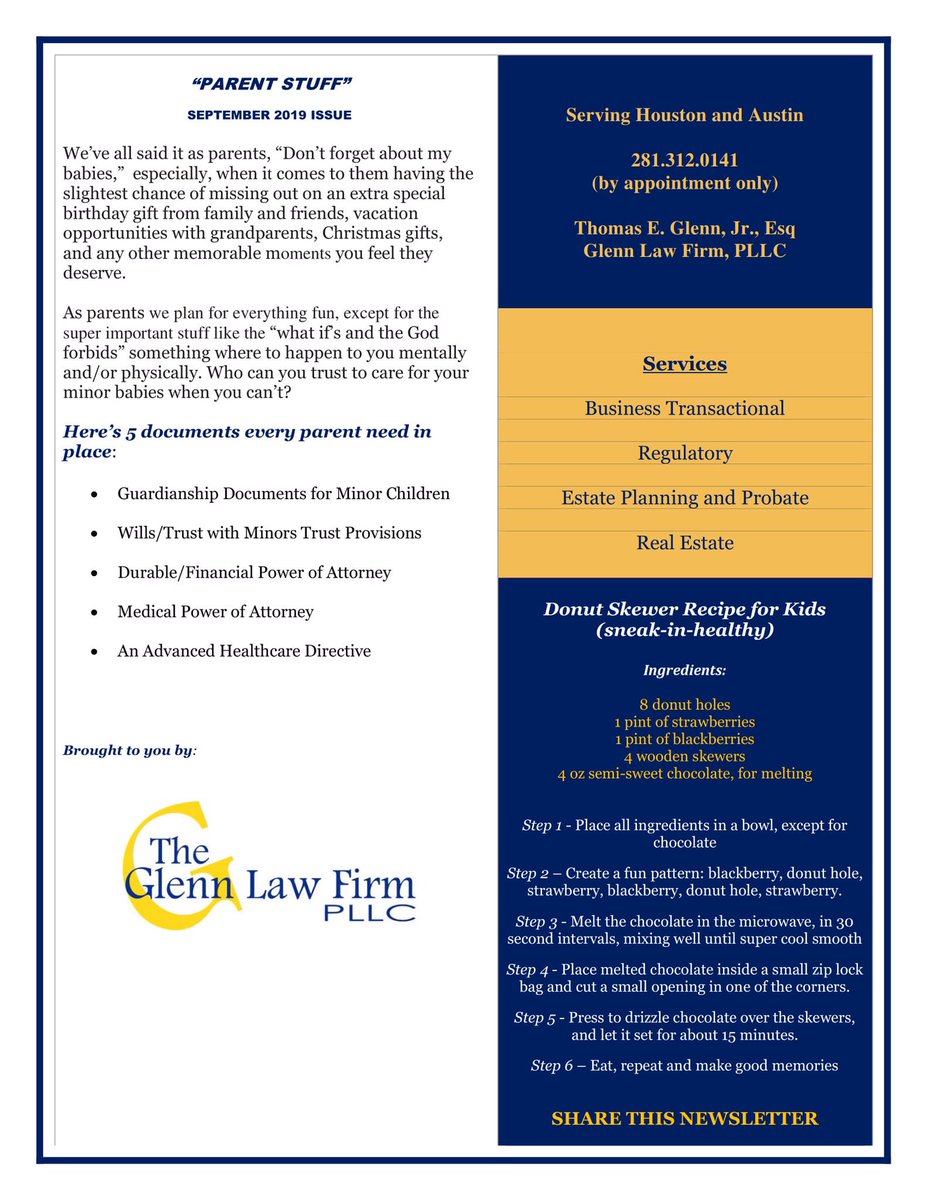 LawDifferently's tweet photo. READ 📕 & SHARE - Parent Stuff - September 2019 Newsletter brought to you by the Glenn Law Firm, PLLC • #children #HumbleTX #Atascocita #people #Kingwood #parents #htx #atx #legal #grandchild #CincoRanch #Groves #FallCreek #elementaryschoolparents #guardian #middleschoolparents https://t.co/4fXWD9N1ru