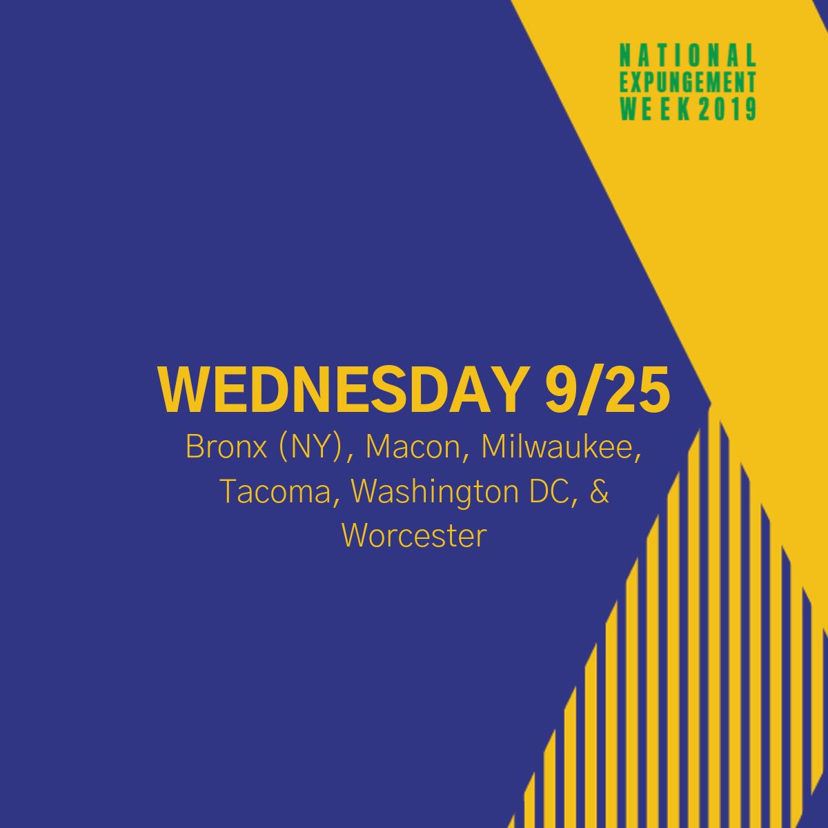 expungementwork's tweet photo. Day 5 of #NationalExpungementWeek! 🙌🏿 Today we are hosting clinics in #Bronx (NY) #Macon, #Milwaukee, #Tacoma, #WashingtonDC, & #Worcester! Check out the flyers in this thread to learn more info!
#offtherecordus #NEWeek19 #new2019 #nationalexpungementweek #legalaid https://t.co/NyznYwp551