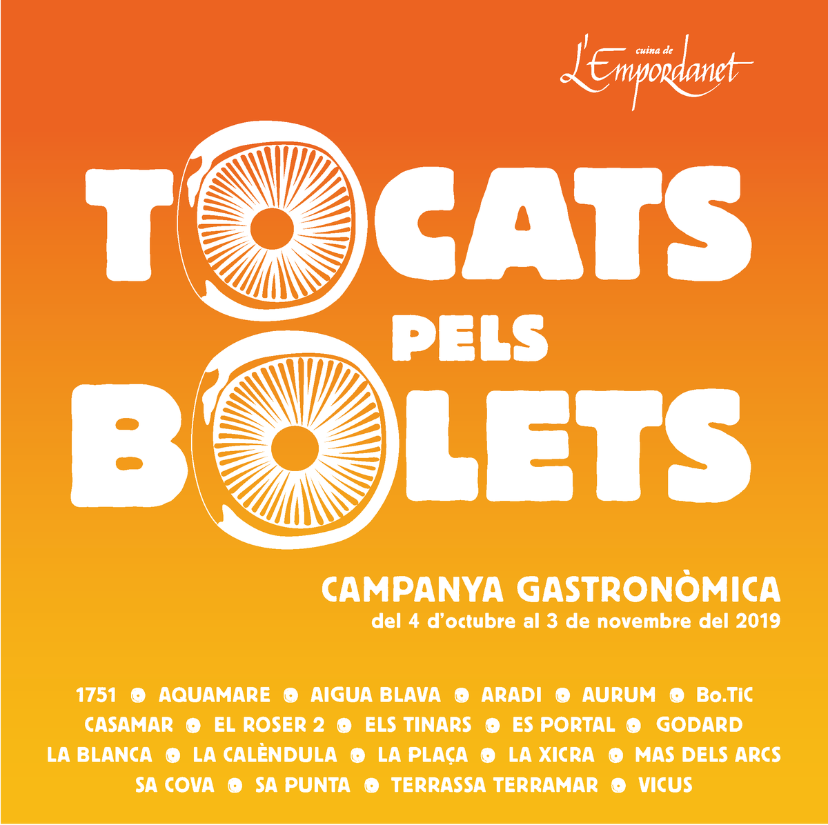 CuinaEmpordanet's tweet photo. 📣 Del 4/10 al 3/11 torna la campanya gastronòmica 👉TOCATS PELS BOLETS👈, on els bolets 🍄 seran els protagonistes dels nostres menús, que es podran maridar amb @Closdagon, @Gramona1881, @Llopart1887, @mas_oller, @Perelada o @Rovellats.

#cuinaempordanet #tocatspelsbolets2019 https://t.co/YqU9bWtuqr
