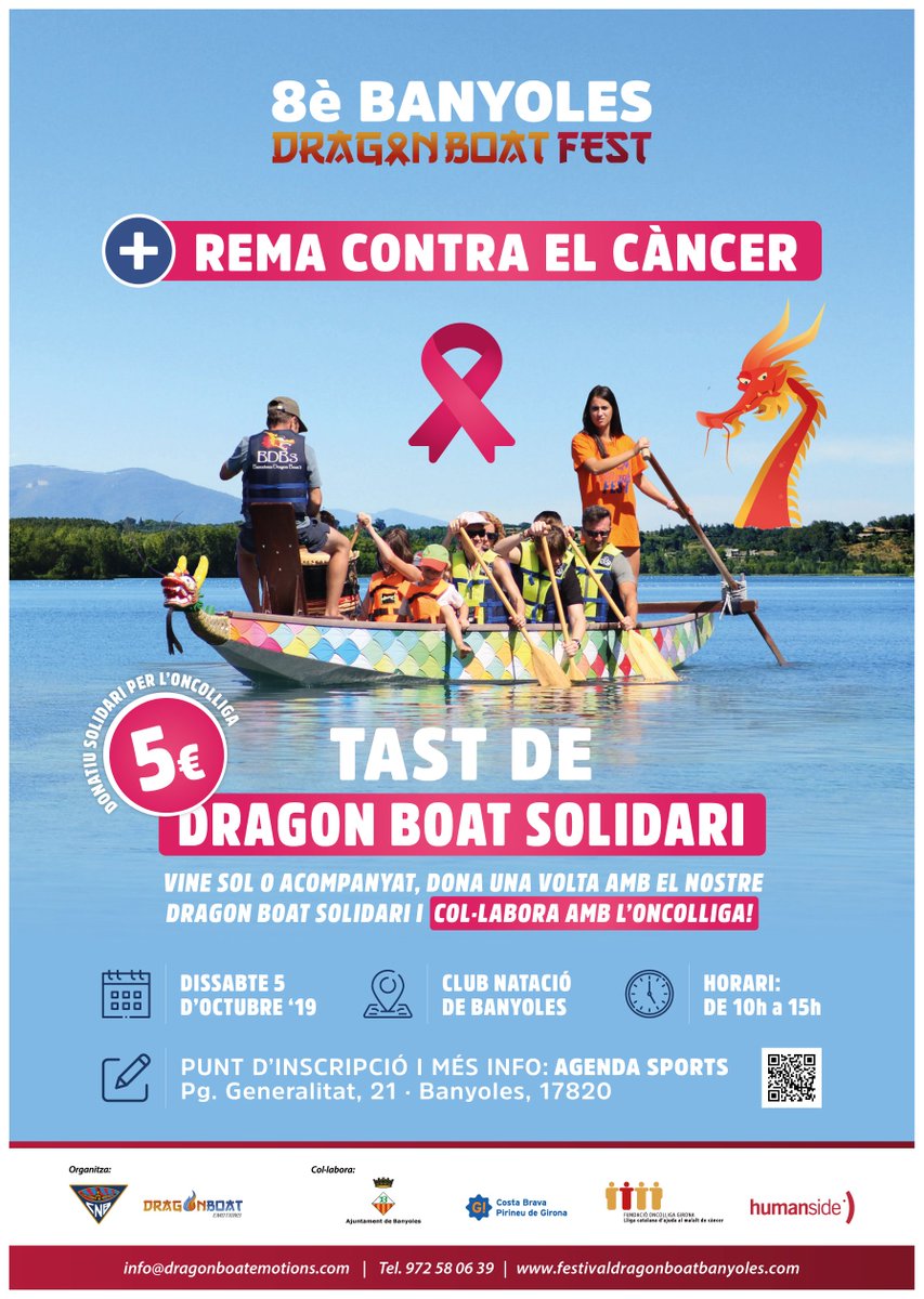 agenda  📢 | Vine a remar contra el càncer! Descobreix un esport mil·lenari i ajuda'ns a ajudar participant en el tast solidari organitzat per <a href="/DragonBoatE/">Dragon Boat Emotions</a> a #Banyoles. T'hi esperem! 
📆 5 d'octubre 
📌 <a href="/CNBanyoles/">C. N. Banyoles</a>
