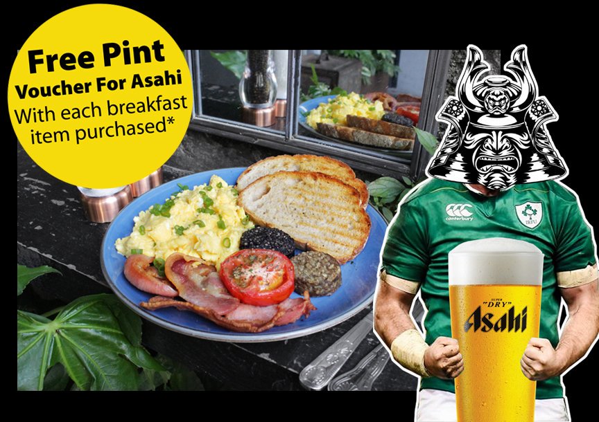 Don't Miss Japan v Ireland - and a Great Breakfast at Goldbergs this Saturday.

Grab a Free Pint voucher for Asahi with each breakfast item bought *and redeem it during licenced drinking hours.

Open for breakfast from 8am - 12 noon.