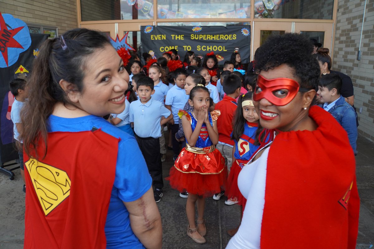 dallasschools's tweet photo. ⚡️Not all superheroes wear capes....but they do show up to school on time! ⏰

💥Students and teachers across #DallasISD dressed up like superheroes today to celebrate Attendance Awareness Month! 

#ShowUpDallasISD @JackLoweSrES https://t.co/66ikvkgA4a