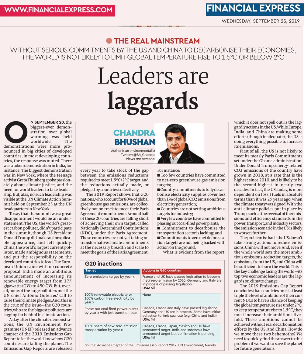 The failure of the #UNClimateActionSummit should again prompt us to rethink international #ClimateChange negotiations. Without real #decarbonisation in the #USA & #China, we can't meet the #ParisAgreement goals. My opinion today in @FinancialXpress 

 bit.ly/2lwoSo5