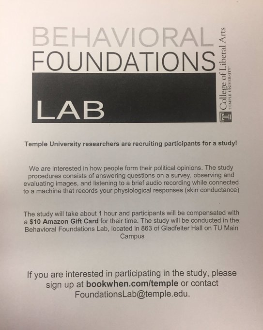 tu_lab's tweet photo. We are back!!!  If you would like to participate in our "Affective Regulation Study" at @TempleUniv and get your $10 Amazon gift card, please visit https://t.co/AXcWF8m9vg to secure your spot. #social #science https://t.co/SMNLyP1fvC
