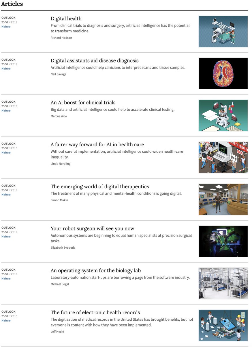 If you're into #AI and #digitalhealth, the new <a href="/NatureOutlook/">Nature Outlook</a> (#openaccess) is loaded: nature.com/collections/jd…
including clinical trials, #EHR, inequities, virtual assistants, and more