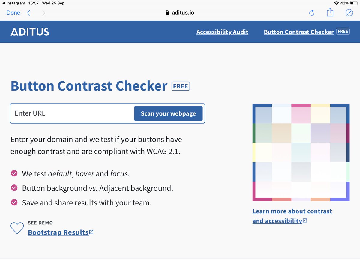 chrisy_flynn's tweet image. Does your #Website meet #Accessibility Guidelines? Try Button Contrast Checker to test your buttons and #PageLinks. You can use it for free! 
aditus.io/button-contras…
#accessible #webdesign