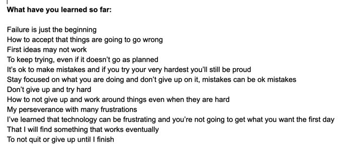 JillJensenIDEAS's tweet photo. Some great reflections after 3weeks in. So glad to see these positive messages coming through. Keep on trying!! #steam #k12engineering #dtk12chat https://t.co/poOEkvX6Sa