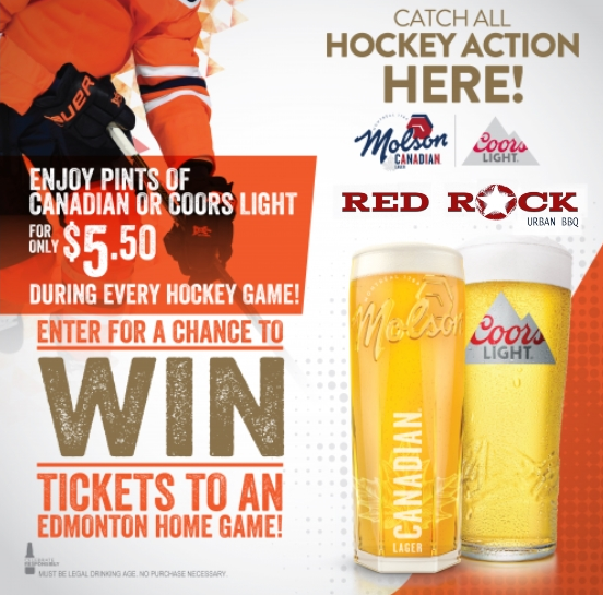RedRockUrbanBBQ's tweet photo. The new @NHL Hockey season is just around the corner &amp; @RedRockUrbanBBQ has ya covered. 😁

Come on down &amp; enjoy $5.50 pints of Coors Light &amp; Canadian while watching the Oil play. 🍻

Ask your server for details.
#foodies, #NHL, #StanleyCup, #supportlocal https://t.co/0GDwGTA2We