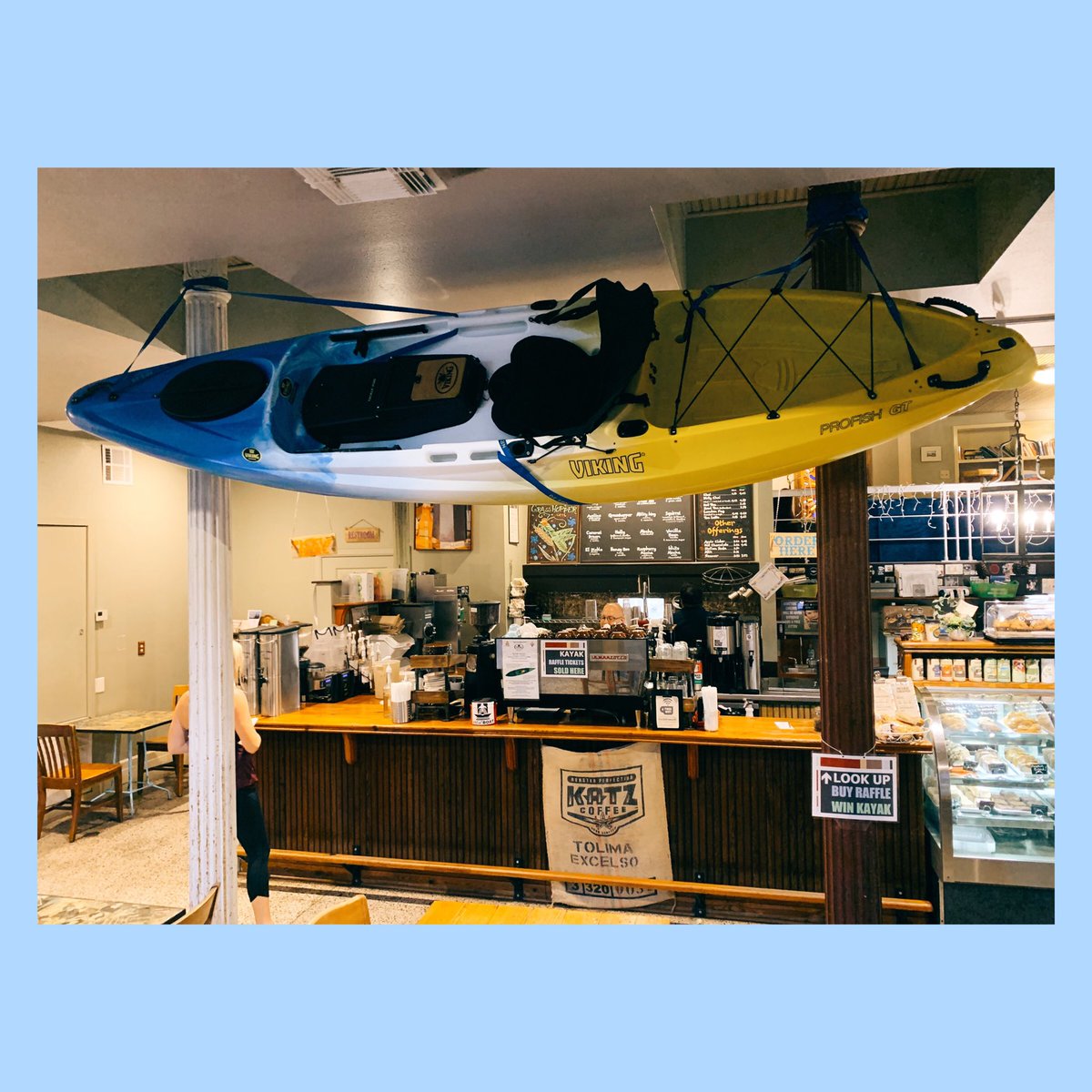 ModCoffeehouse's tweet photo. Let’s ‘Float the Boat’ for @artistboat and their mission of wetlands conservation! Buy a raffle ticket at the register and you could win this @vikingkayaks beauty. 🎟🎟 #MODcommunity☕️ https://t.co/ZqjR2W8r8C