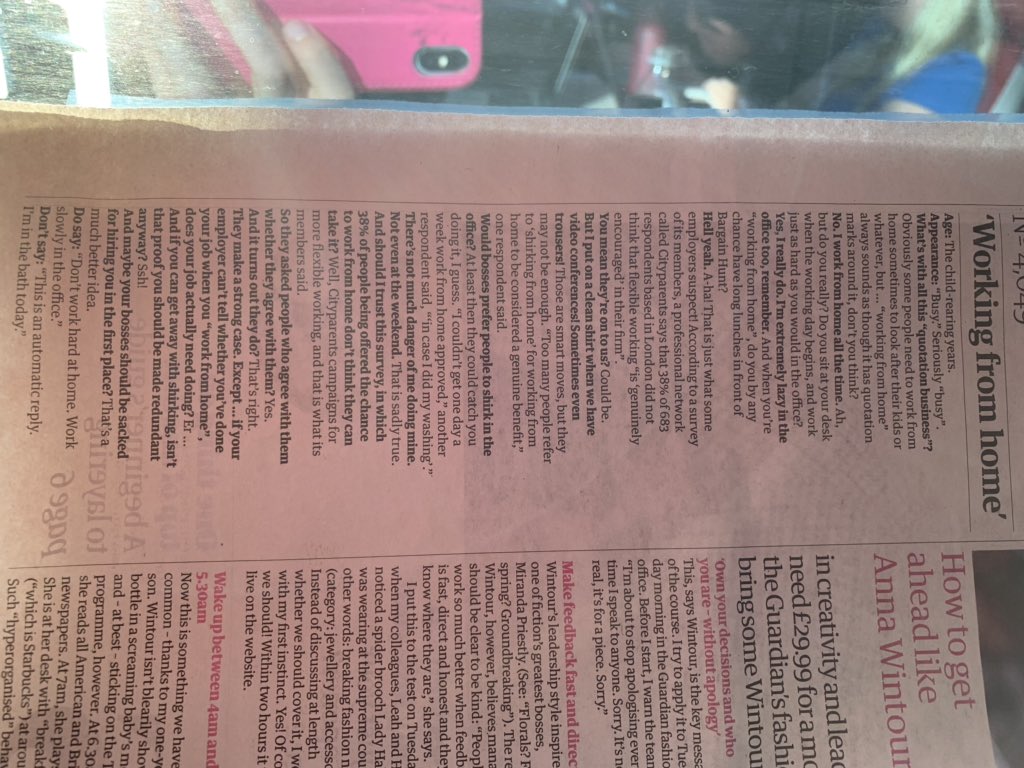 kirsti79's tweet photo. Reading this in today’s @guardian on way home from #NHSFlex made me laugh - ‘working from home always sounds like it has quotation marks around it’ @FlexNHS https://t.co/us2er96Oeb