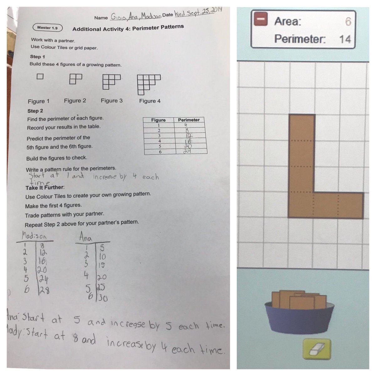 EvelinNiemiec's tweet image. Grade 6’s at St Agnes did a math talk to find patterns in Pascal’s 🔺 and then applied their knowledge of patterns to answer a multi-strand question using ◾️ tiles. Patterning + Measurement + Numbersense + Collaboration = Proud and Successful students! 😁👏 #joyfulmath