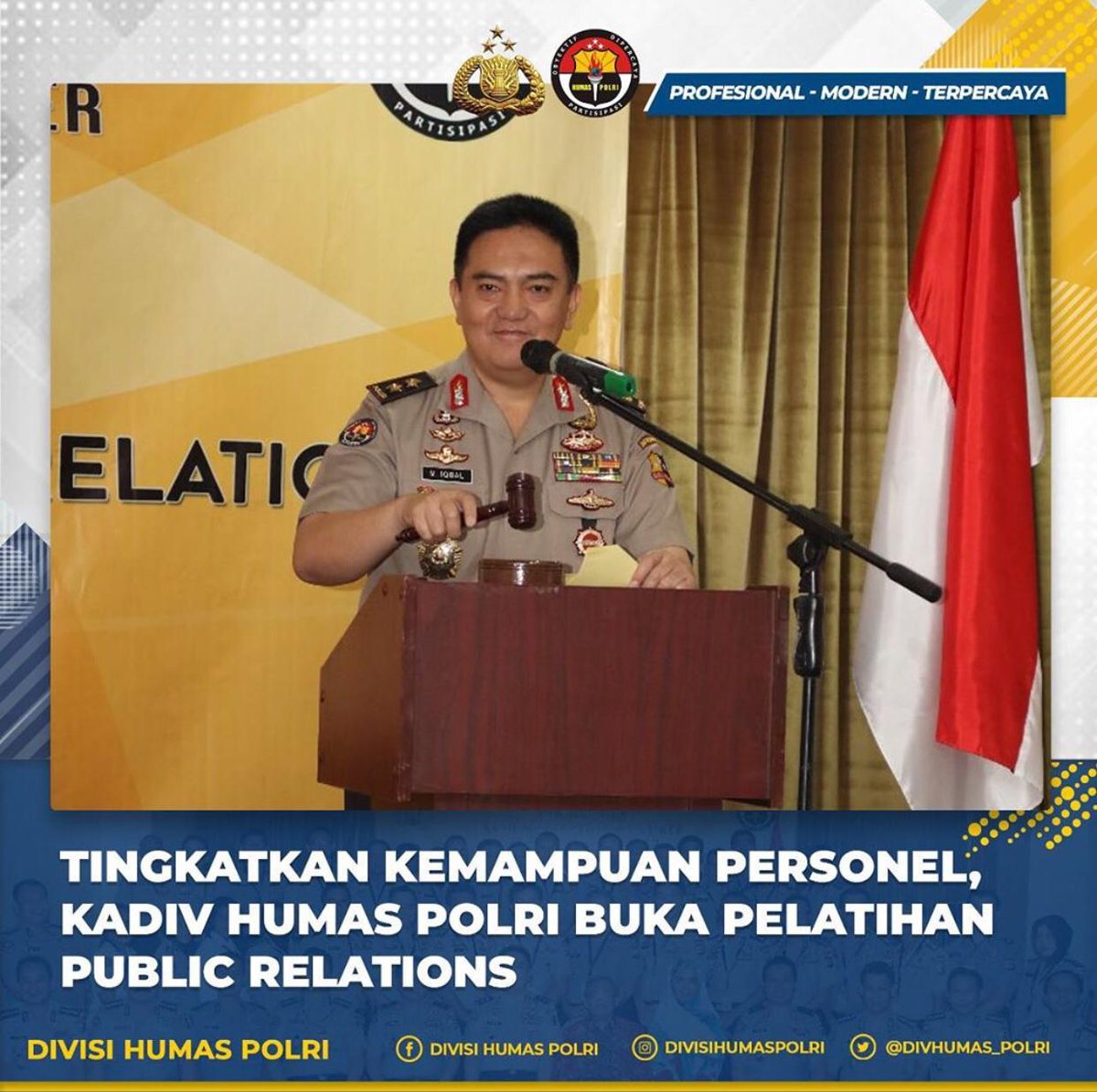 rg_rky's tweet photo. Kadiv Humas Polri, Irjen Pol. Mohammad Iqbal, S.I.K., M.H., membuka pelatihan peningkatan kemampuan teknis Public Relations personel Divhumas Polri di Amaroo
@multimedia.humaspolri 
#polripromoter #polrihumanis #bidhumaspoldaaceh
#humaspolresacehsingkil
#polresacehsingkil https://t.co/N9Hhn0dofW