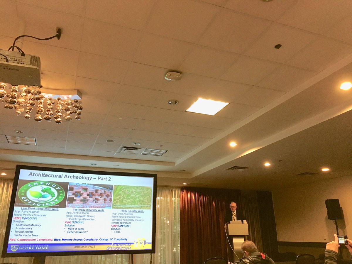 fruitfly1026's tweet photo. Our last exciting Keynote is live! "The 3rd Wall and the need for Innovation in Architectures" by Prof. Peter Kogge, University of Notre Dame @ND_CSE . Join with Prof. Kogge in Architectural Archeoloogy and the evolution. 😃 #pact19 #pact2019 https://t.co/21keQ00bYA