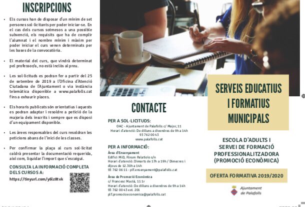 AjuntamentPLF's tweet photo. Els serveis educatius i de formació de l’Ajuntament presenten l’oferta formativa pel curs 2019/2020. Tota la informació al web municipal. https://t.co/u9LBXwB9Nh #educaPLF @educadiba #viuPLF @radiopalafolls https://t.co/5ZkohHWPxT