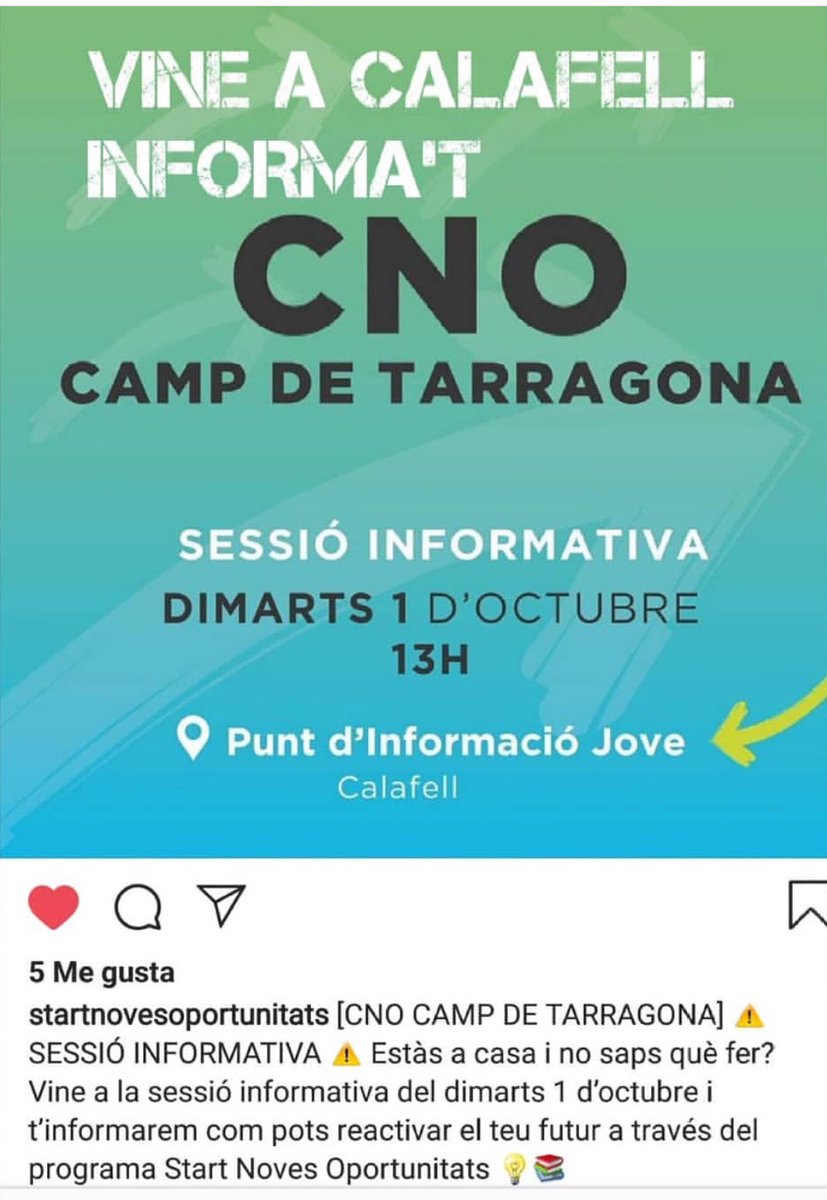 Vols plantejar-te nous objectius 🎯?
Vine a la sessió informativa que farem a Calafell la propera setmana 😉 <a href="/start_cno/">Start Noves Oportunitats</a> #joventutcalafell #formació #treball #joves #calafell #jovenes #calafellplatja #trabajo #cursos #objetivos