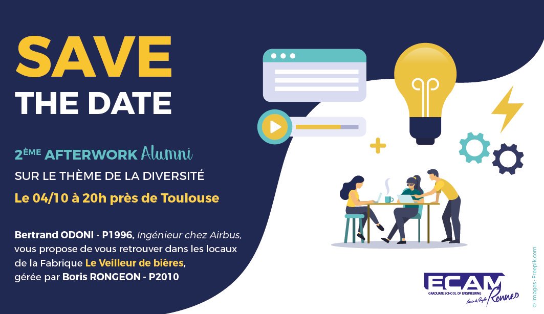 ECAMldb's tweet photo. #Savethedate: l’ECAM Rennes continue son tour de France avec son 2ème #AfterworkAlumni dans le Sud-Ouest sur le thème de la #Diversité, le 04/10 à 20h à Muret, près de Toulouse
#WeAreFromECAMRennes #Afterwork
https://t.co/lMIO6vqKhp https://t.co/uuJQIKhDWH