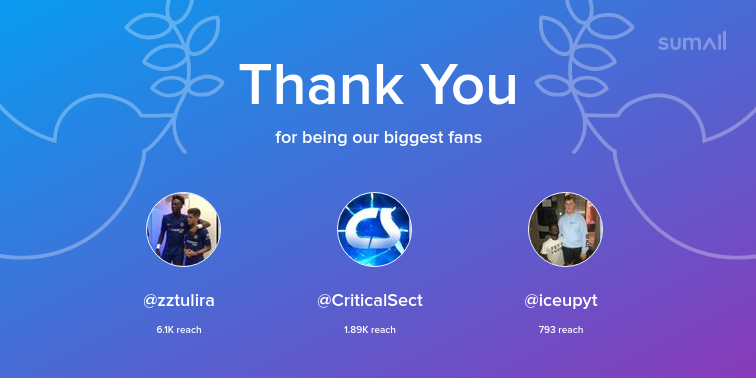 YtBeastz's tweet photo. Our biggest fans this week: zztulira, CriticalSect, iceupyt. Thank you! via https://t.co/XjOinINaBE https://t.co/gH6cvRUsVk