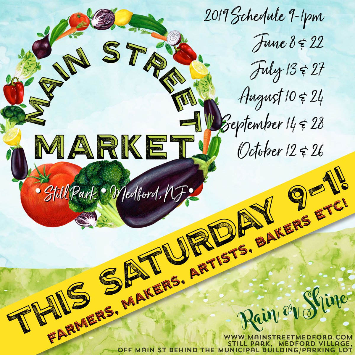 The Main Street Market is this Saturday 9-1 at Still Park! Still Park is just off Main St, behind the Twp Building. Use 88 Charles St for gps! #visitsouthjersey #jerseyfresh #farmmarket #njfarms #farmersmarket #destinationmedford #discoversj #njfun 
ow.ly/xpGN30pARlW