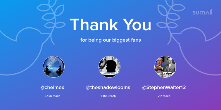 ladypeace4kids's tweet photo. Our biggest fans this week: chelmex, theshadowlooms, StephenWalter13. Thank you! via https://t.co/NFmJqBUes8 https://t.co/teYljoVK8p