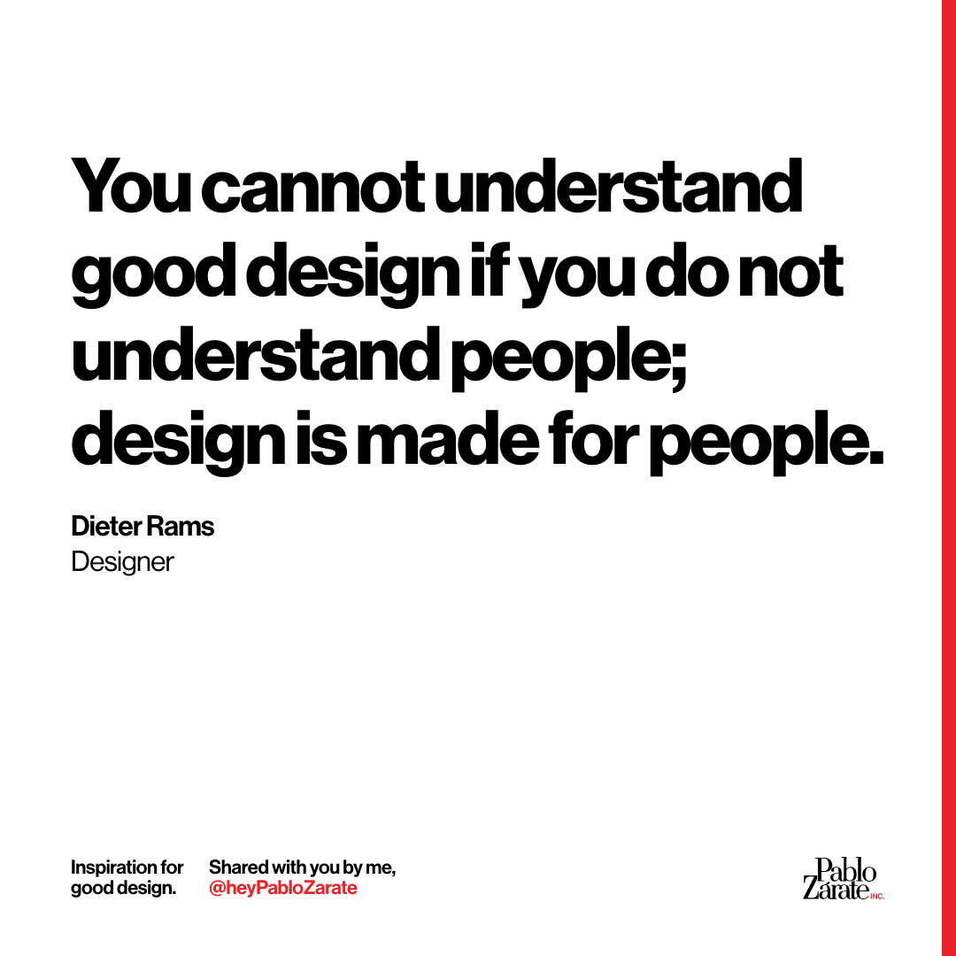 heyPabloZarate's tweet image. “You cannot understand good design if you do not understand people; design is made for people.” — Dieter Rams. 

—
#DesignWisdom #Ethics #DesignIcon #Rams #GaryHustwit #Braun #Vistoe #DesignLegend #Modernism #GermanDesign #ProductDesign