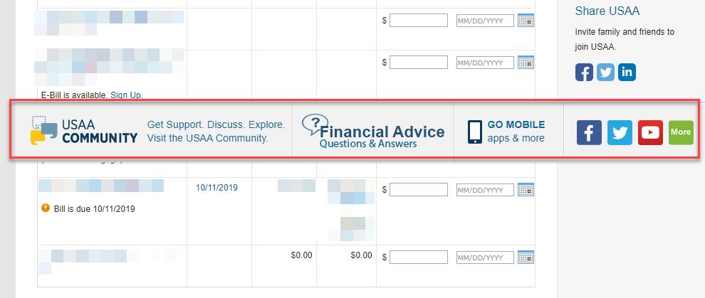 JRutski's tweet photo. Hey @USAA_help the billpay site isn't rendering quite right on a Chrome browser - the community bar is stuck at the bottom border of screen resolution, rather than moving to the actual bottom of the page: https://t.co/9qJqjRRyr6