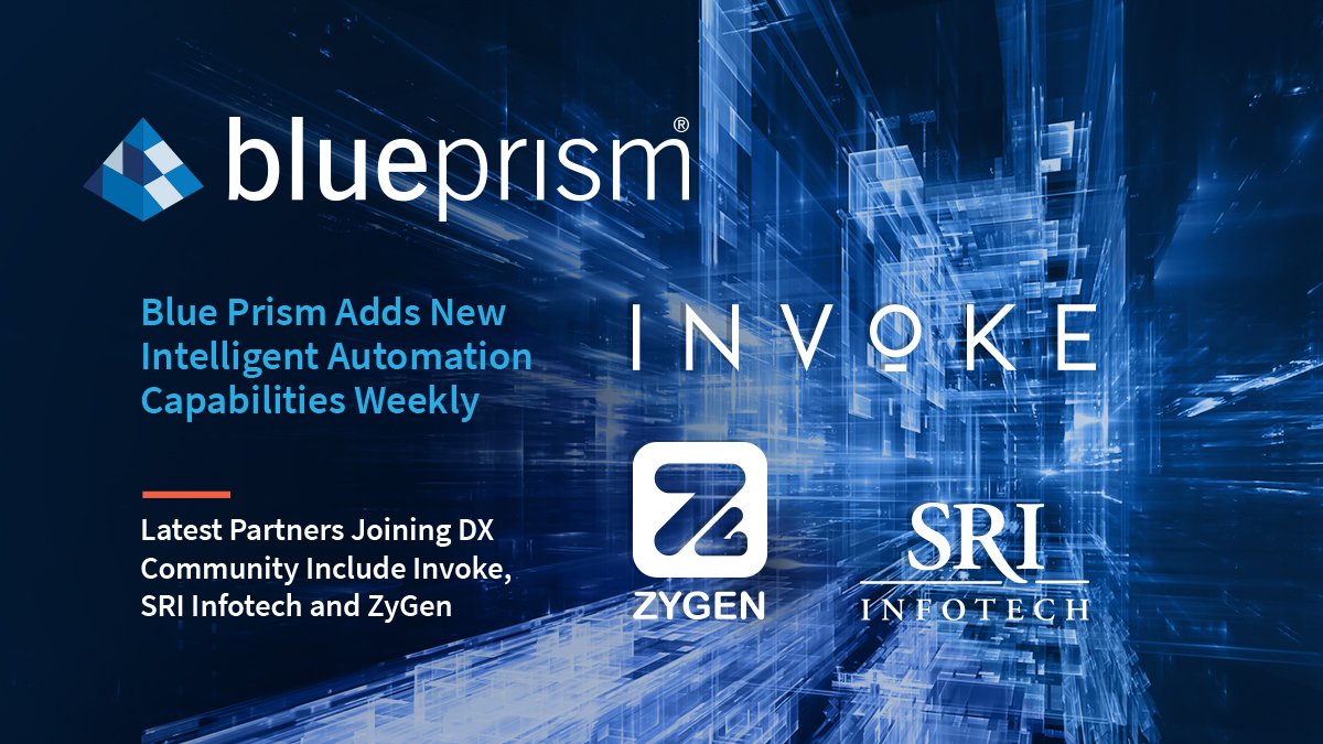 blue_prism's tweet photo. Welcome @Invokeinc, @sri_infotech, and ZyGen to our Technology Alliance Program (TAP) as affiliate partners. Learn more about the capabilities they bring to #BluePrismDX and the 100s of other automation capabilities currently featured in the marketplace: https://t.co/lvKeEsjSV1 https://t.co/DvdJELTsah