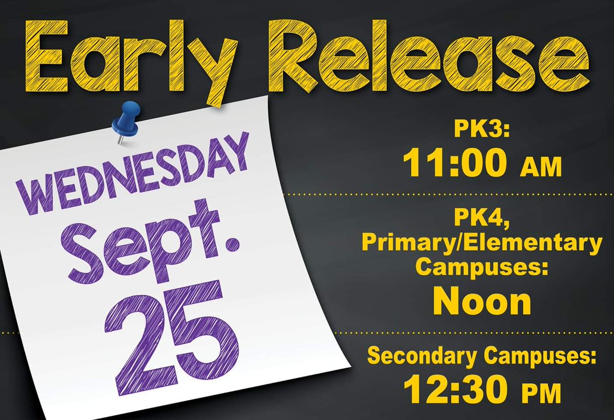 Early release for students today!
@BrandonHBoyd <a href="/ShellySlaton/">Shelly Slaton</a> <a href="/A_Mijares01/">Andres Mijares</a> <a href="/LufHSCounseling/">LHS Counseling</a> <a href="/asoderquist/">April Soderquist, M. Ed.</a> <a href="/Cauthen_LHS/">Dr. Ty Cauthen</a> <a href="/LufkinStuCO/">Lufkin HS Student Council</a> <a href="/LufkinFFA/">Lufkin FFA</a> <a href="/suzy_jungmann/">Suzy Jungmann</a> <a href="/LufkinECHS/">Lufkin ECHS</a>