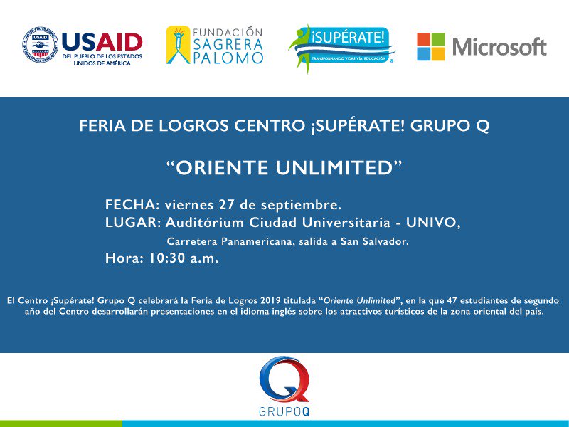 #Convocatoria 🗞🎥
<a href="/PESuperate/">Programa ¡Supérate!</a> invita a los amigos de los medios a la Feria de Logros del Centro <a href="/SuperateGrupoQ/">¡Supérate! Grupo Q</a> titulada “ORIENTE UNLIMITED”
📅Viernes 27 de septiembre
📍Auditórium Ciudad Universitaria - UNIVO
🕘 10:30 a.m