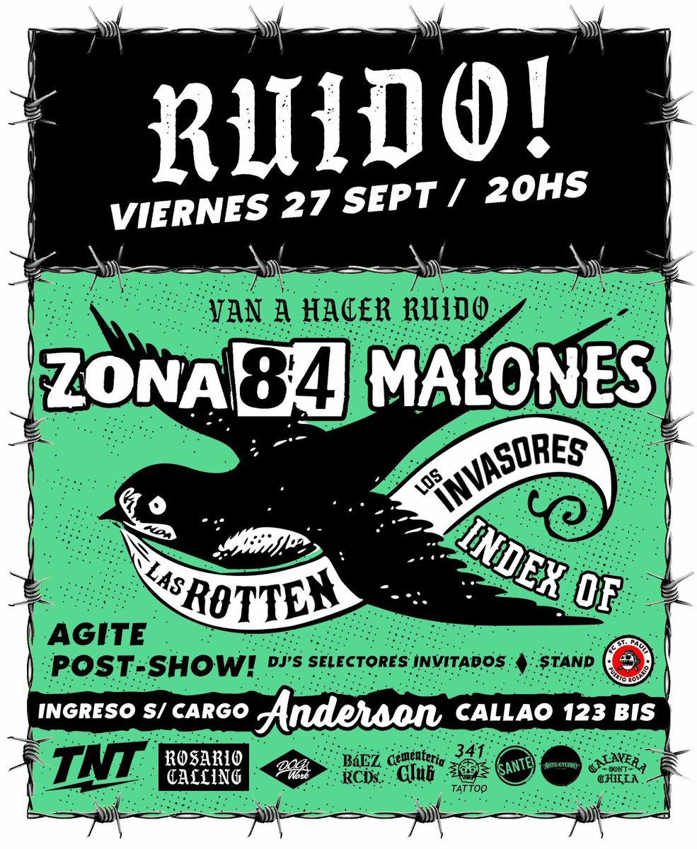MALONES0341's tweet photo. El VIERNES hay RUIDO en ROSARIO! ☠️  Con @zona84punkrock @lasrotten #LosInvasores #IndexOf 🏴‍☠️ Ingreso s/cargo buscando el ticket en #341tatuajes #jimmycopper #santeclothes #arteeterno #cementerioclub #growlergarage o anotándose en el evento de facebook 👉 https://t.co/d6HuokQZHb https://t.co/mqOBItnyC6