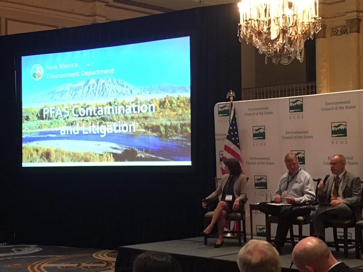 ECOStates's tweet photo. State leaders examine moves to develop #PFAS standards, highlighting legislative and
scientific considerations affecting U.S. PFAS regulation. Roundtable led by @NewJerseyDEP's Catherine McCabe, @NHDES' Clark Freise, & @NMEnvDep's @jckenney #ECOSFall19 https://t.co/m7GeEdUCii