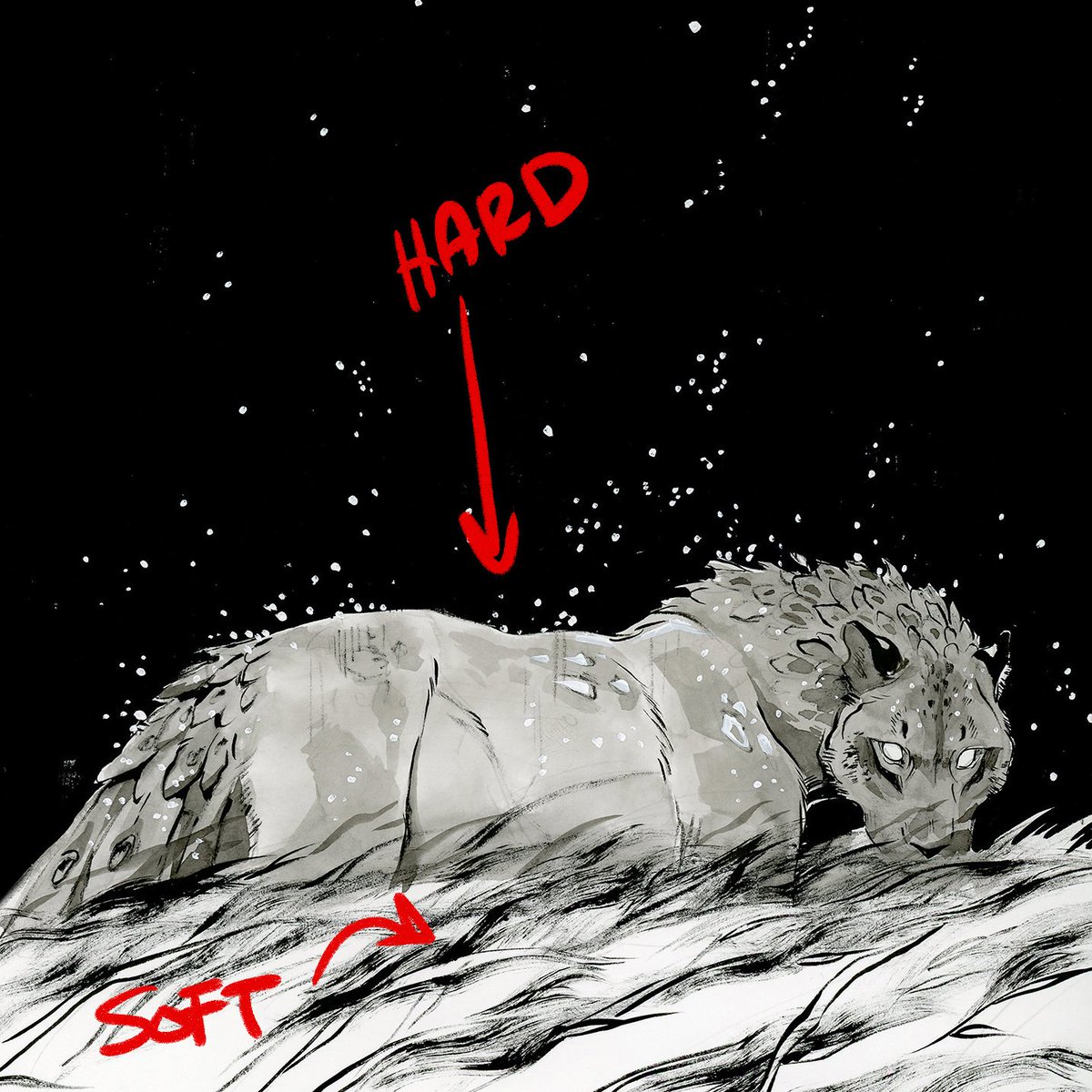 DevinElleKurtz's tweet image. Experiment with various edges to create contrast and direct the composition. Pens or a fine brush with wet ink will create a crisp line. A more frayed/dry brush will create softer lines. This can be used to create depth of field effects or lessen the impact of lines. 8/?