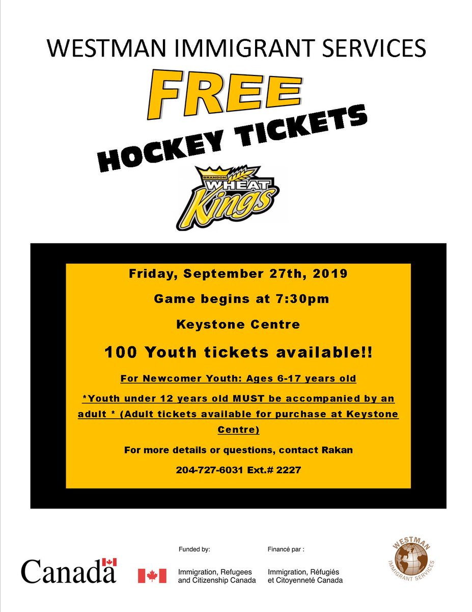 Free youth tickets available for Newcomer Youth ages: 6-17 to watch the <a href="/bdnwheatkings/">Brandon Wheat Kings</a> game this Friday, September 27th at 7:30 pm at the Keystone Centre! If interested, please contact (204) 727-6031 Ext.2227