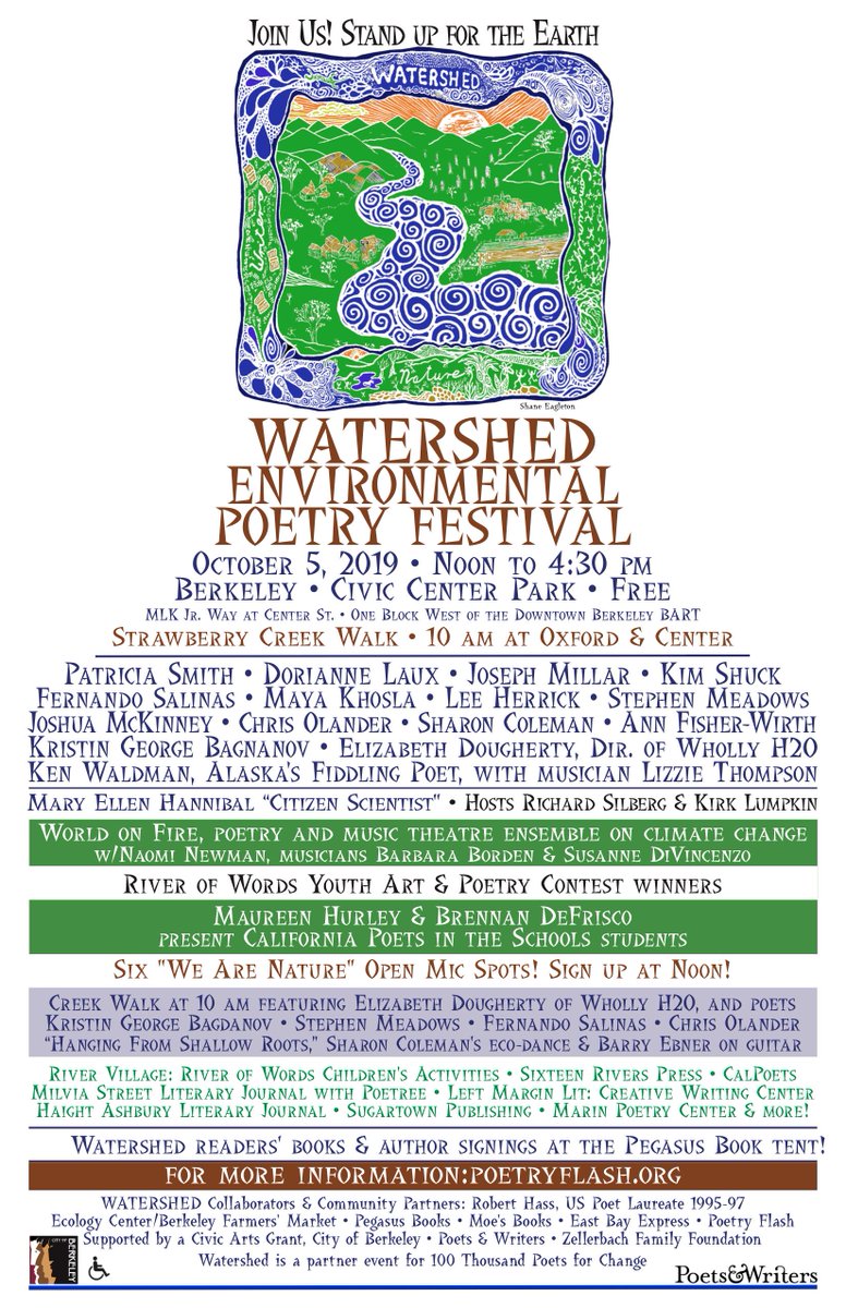 PoetryFlash's tweet photo. The 24th annual Watershed Environmental Poetry Festival is next weekend!
We'll have an open mic, live music, and readings by poets such as Patricia Smith, Dorianne Laux, Joseph Millar, and Kim Shuck.
Come help us #StandUpForTheEarth!
More info: link in bio and flyer below https://t.co/yctWj808v7