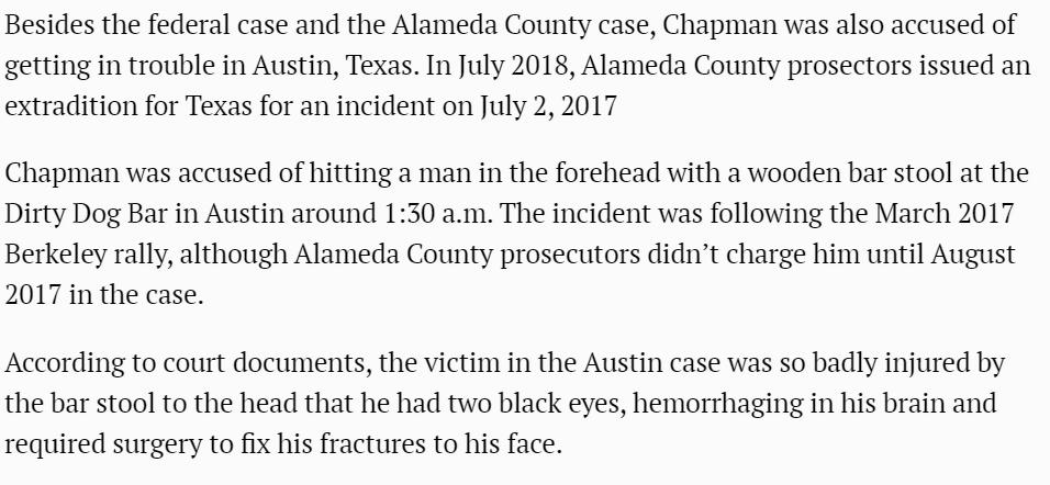 JohnMithReads's tweet photo. In July 2017 Kyle Chapman hit a man over the head with a bar stool in Austin, requiring surgeries for the fractured skull. It was caught on video &amp; he left his wife's credit card at the bar. #BasedStickman #SelfOwn https://t.co/czqIfEk171